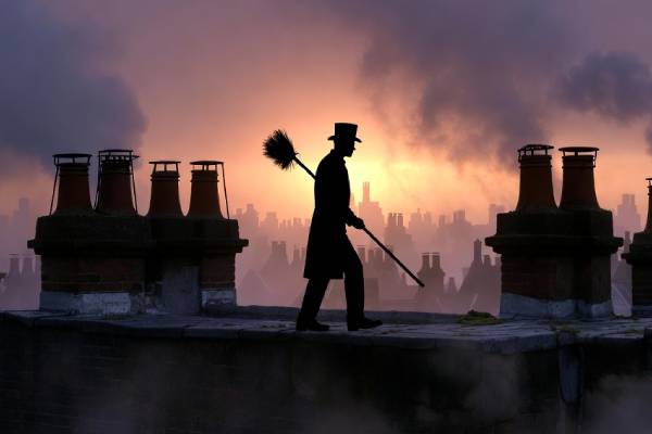 Victorian chimney sweep silhouette on rooftop