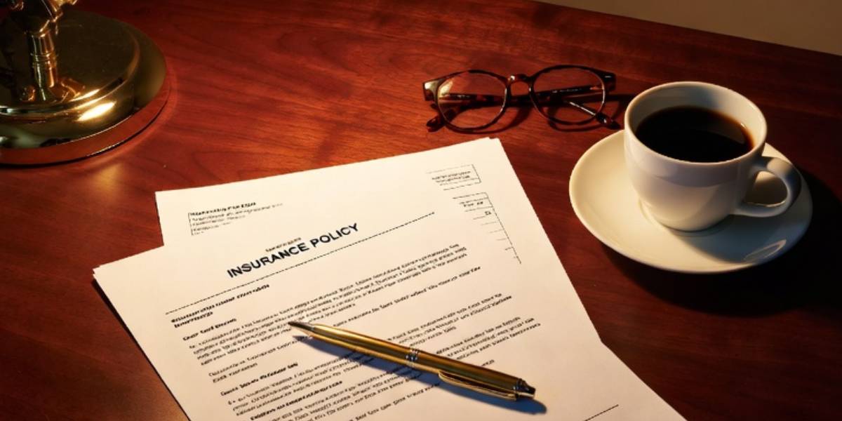 Business insurance documents on mahogany desk