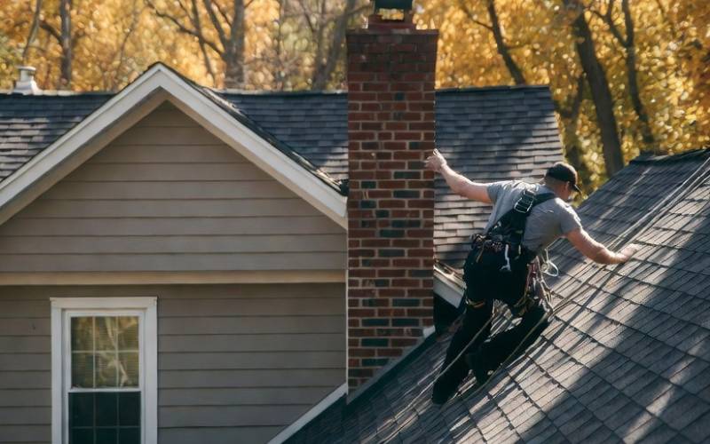 Chimney sweep on steep roof with safety harness
