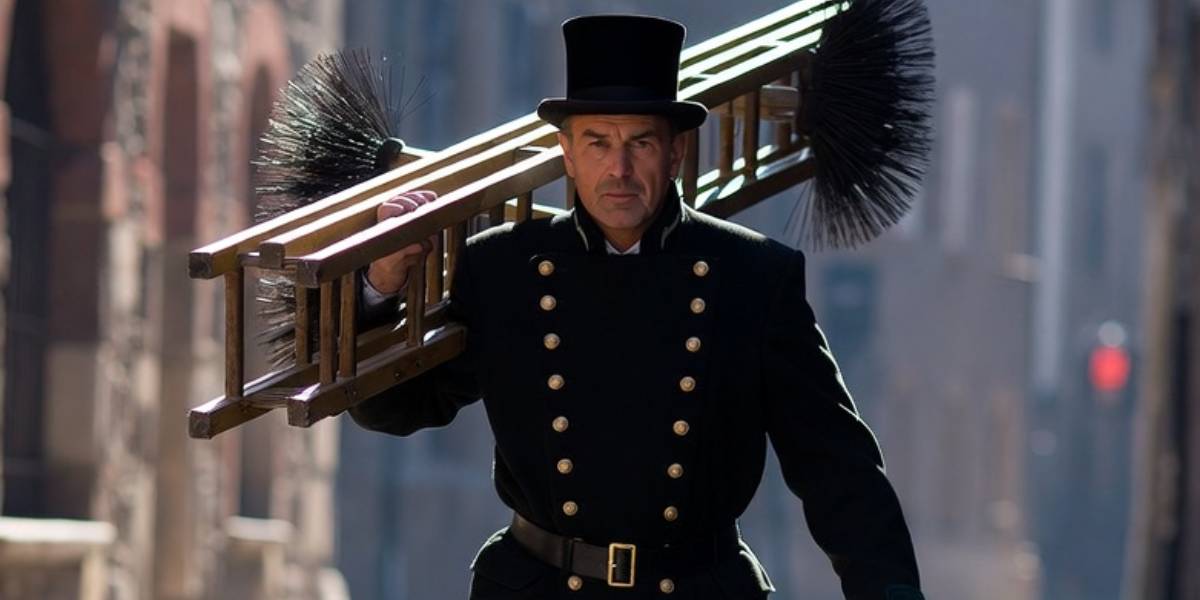 German chimney sweep in traditional black uniform walking cobblestone street