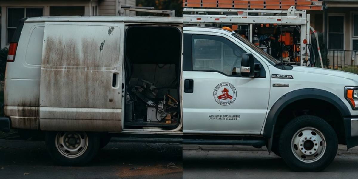 Contrast between unmarked van and professional chimney service truck