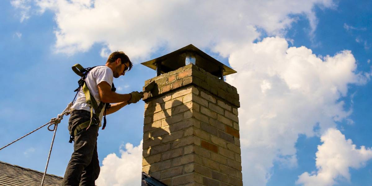 Chimney technician performing masonry repair in summer