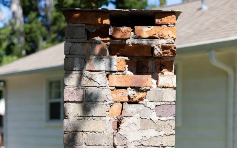 Weathered masonry chimney needing repair